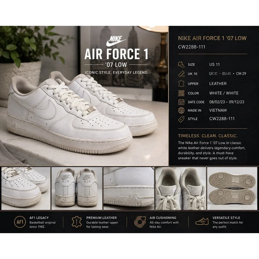 Nike Air Force 1 '07 Low White CW2288-111 Men's Size 11 Leather Sneakers AF1